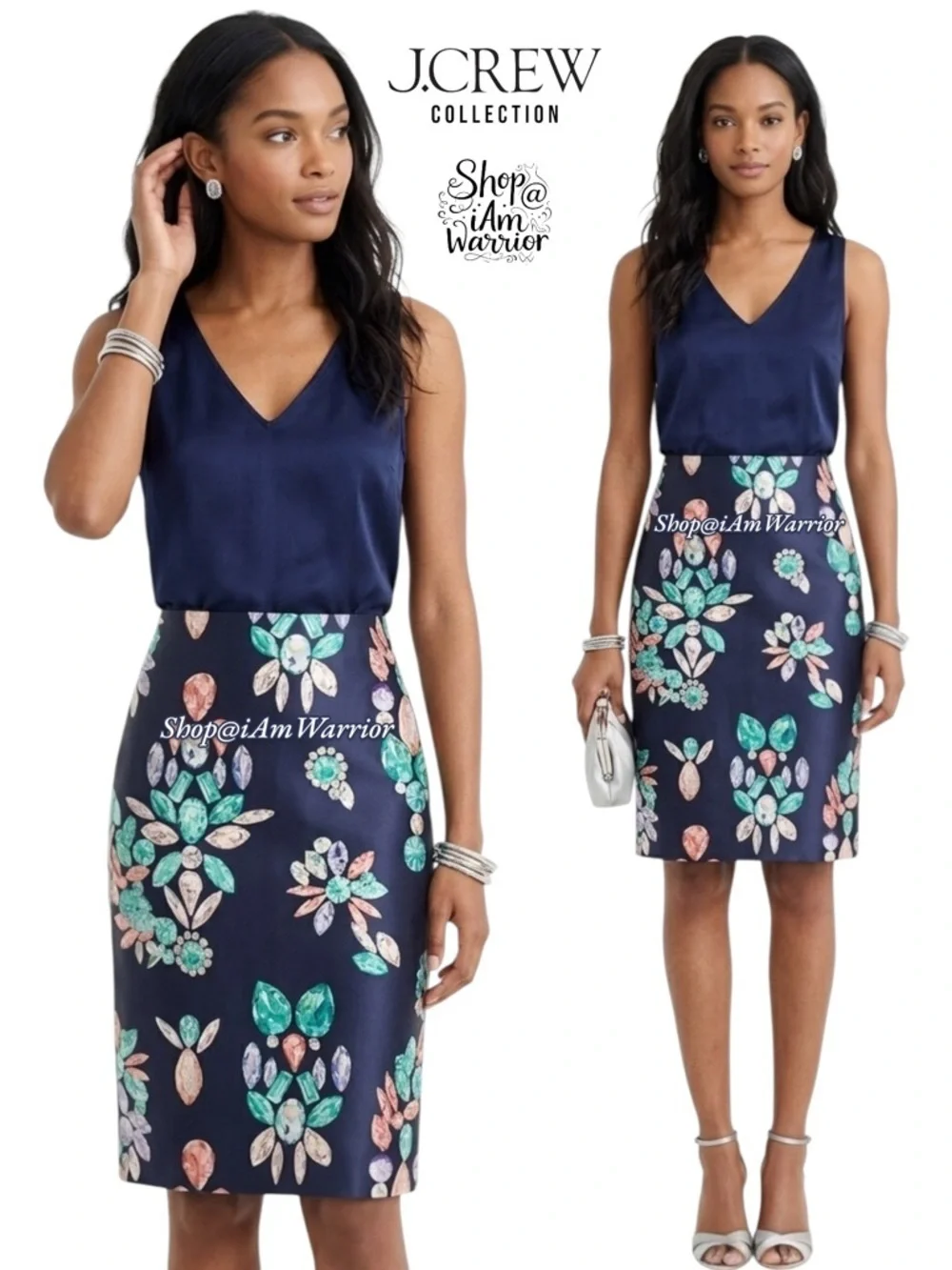 J.Crew Collection navy gemstone print silk blend midi skirt *shop@iamwarrior